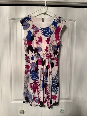 Massini White Midi Dress with Blue & Pink Floral Print